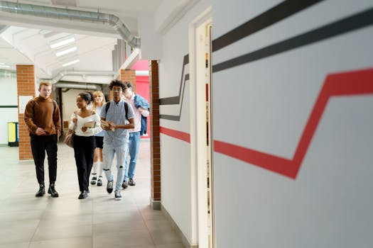 college campus with students walking