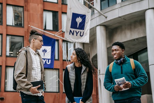 A diverse group of students discussing financial aid